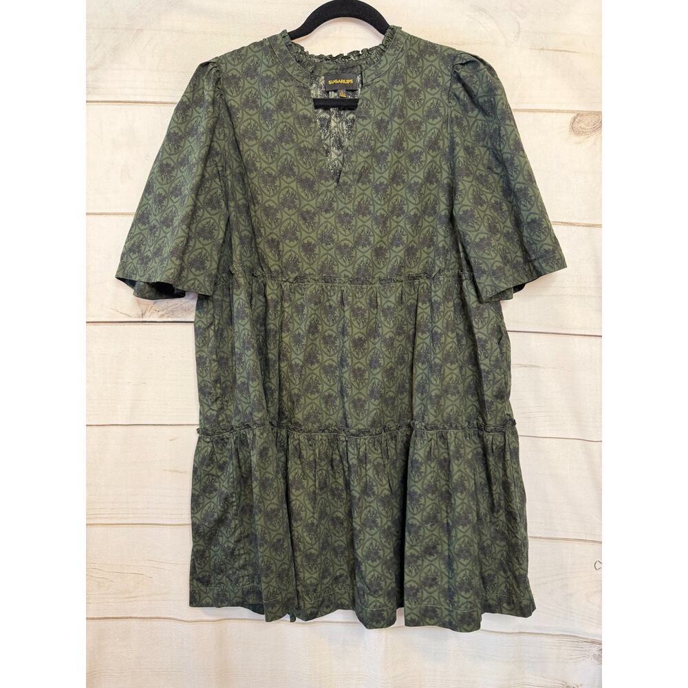 SugarLips Size LG Dress Pockets Dark Green Black Print Ruffled Collar‎